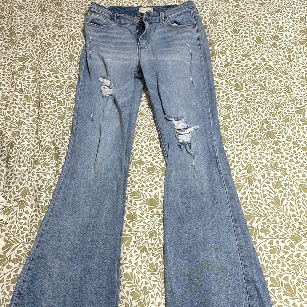 Altar'd State Blue Flare Wide Leg Jeans with Distressed Details